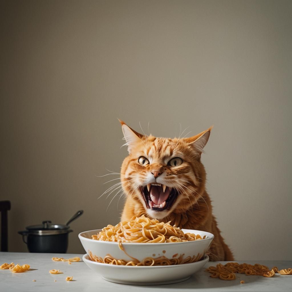 Tyrannical Orange Feline Dominates Pasta Still Life