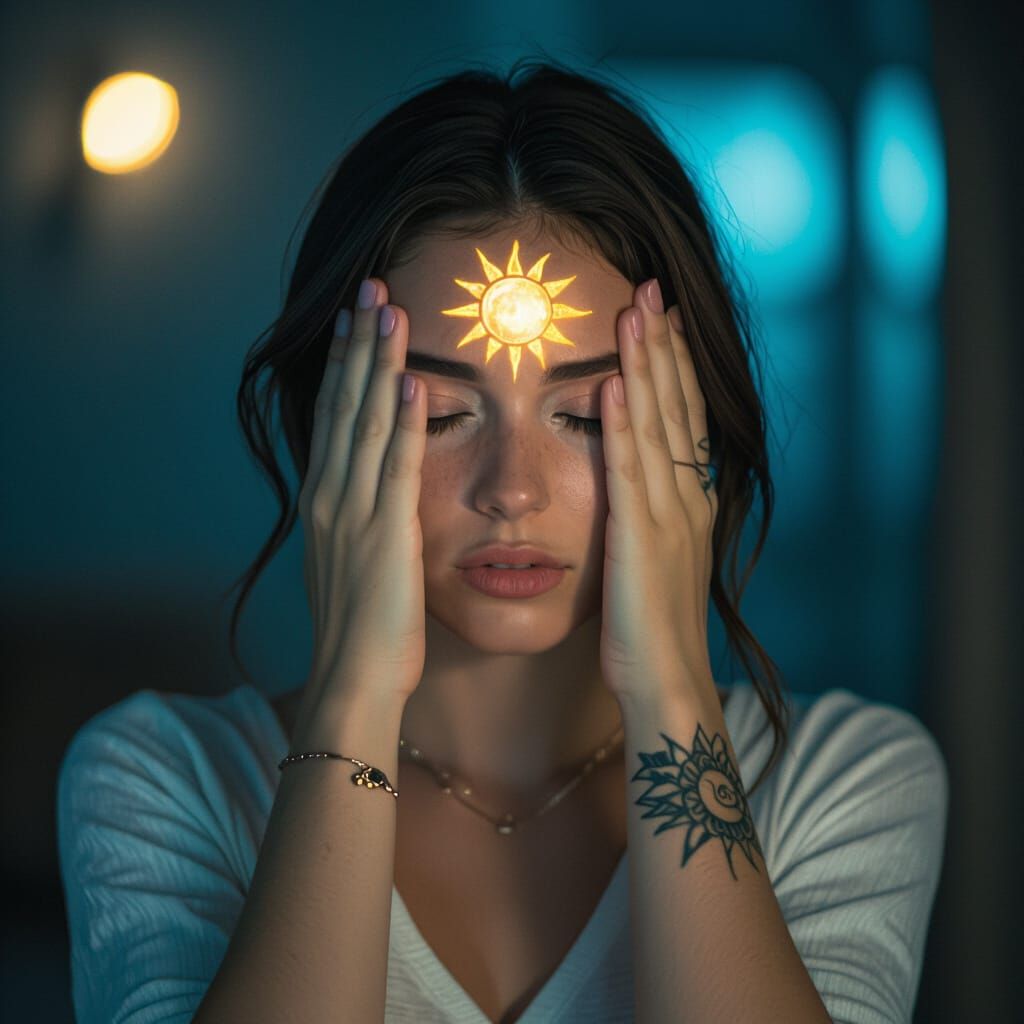 Woman with Sun Tattoo Covers Eyes in Dramatic Night Scene