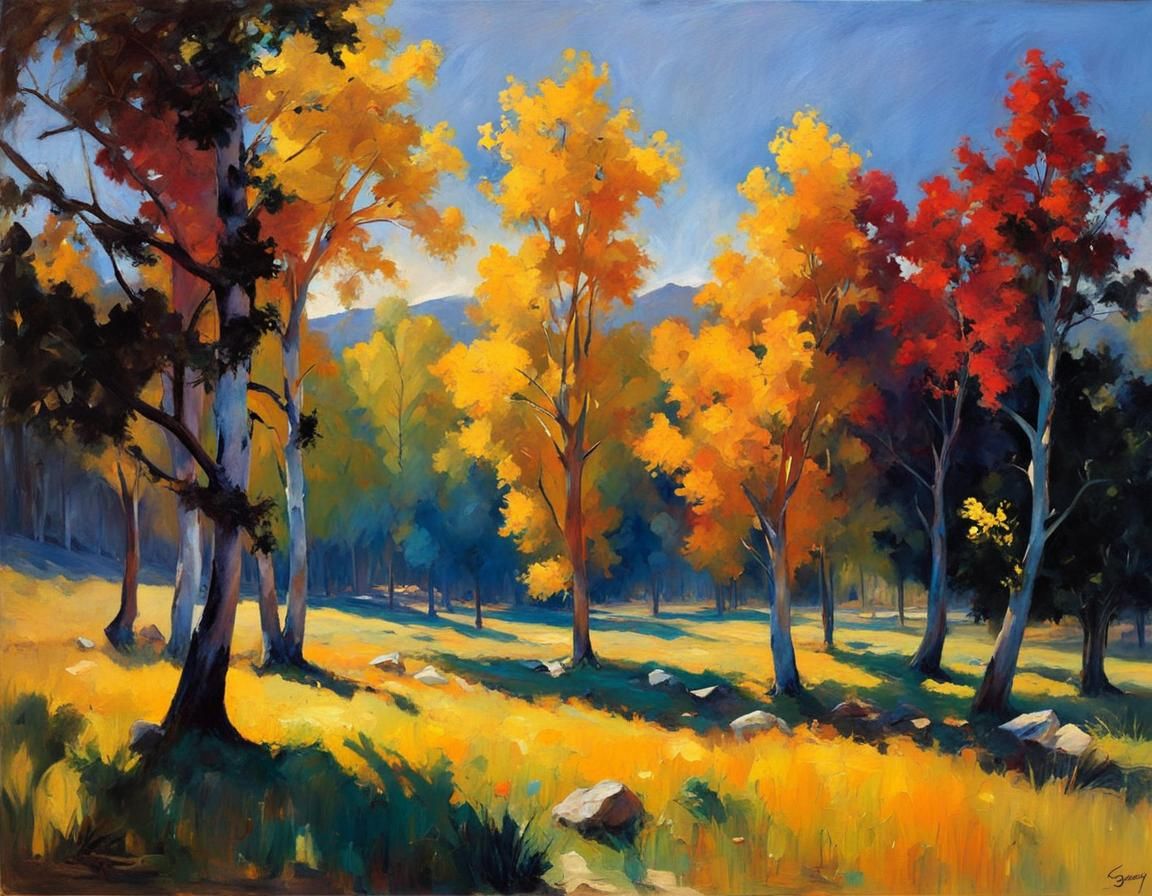 Mystical Ash Trees and Moon in Oil Painting