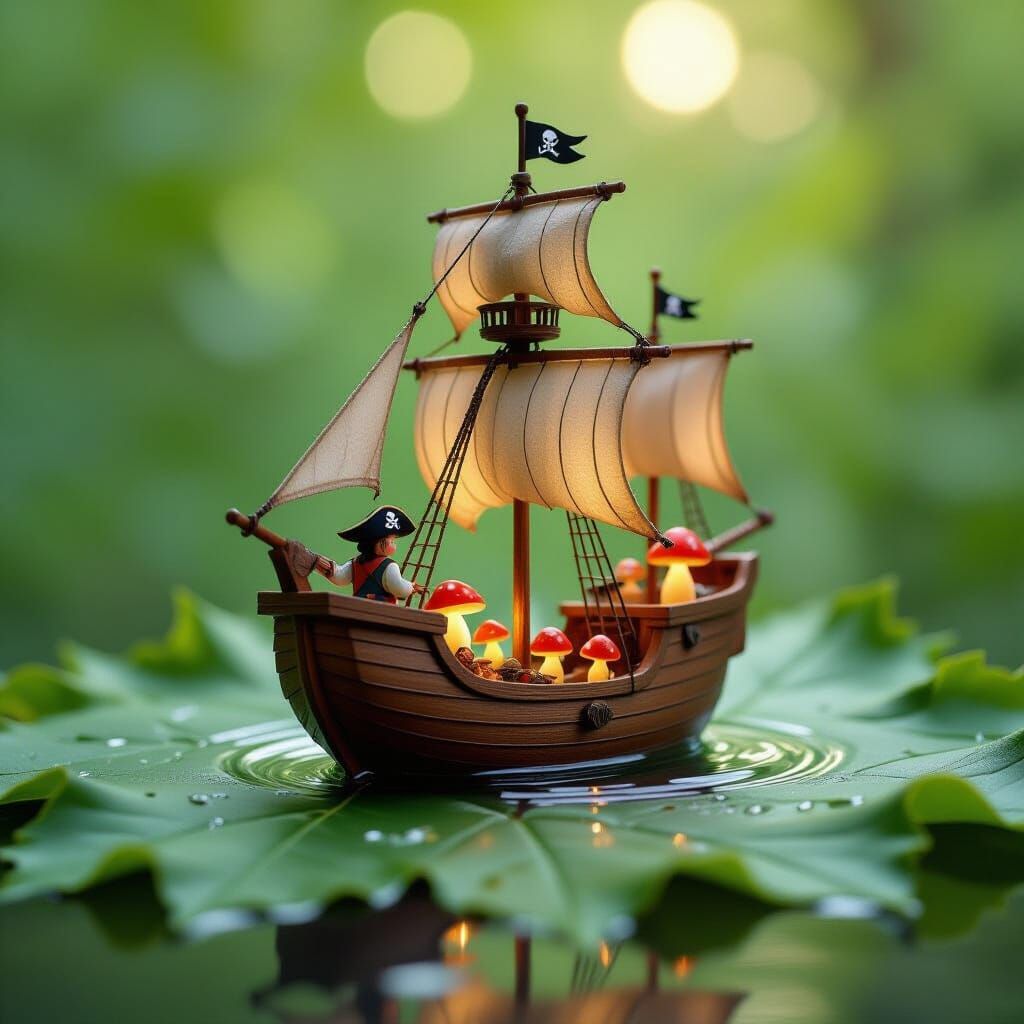 Miniature Pirate Ship on Maple Leaf, Fairy-tale Scene