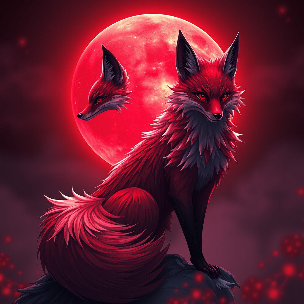 Crimson Nine-Tailed Fox and Blood Moon in 3D Anime Style