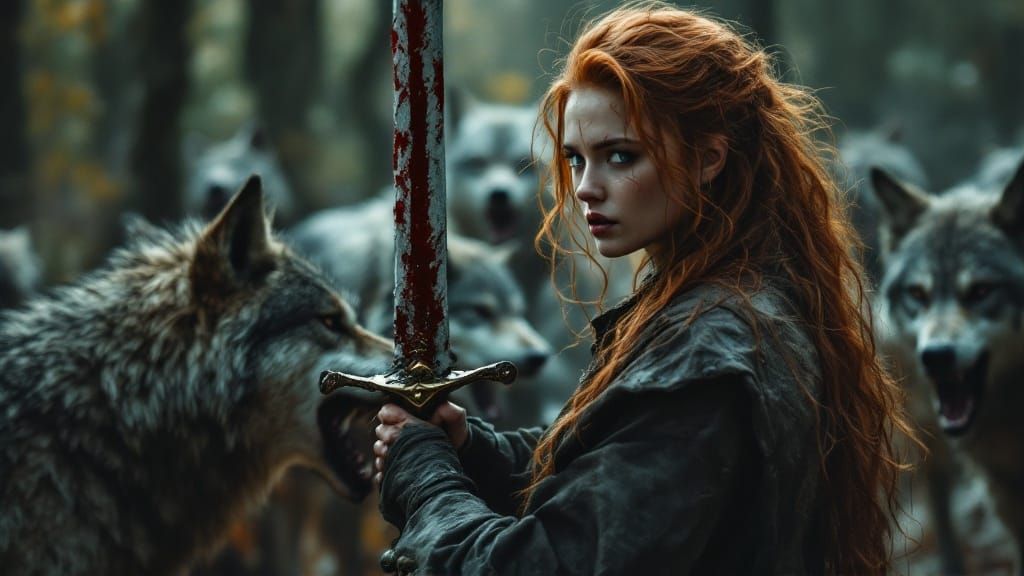 Hyper-Realistic Woman Bracing Against Fierce Wolves in Woodl...