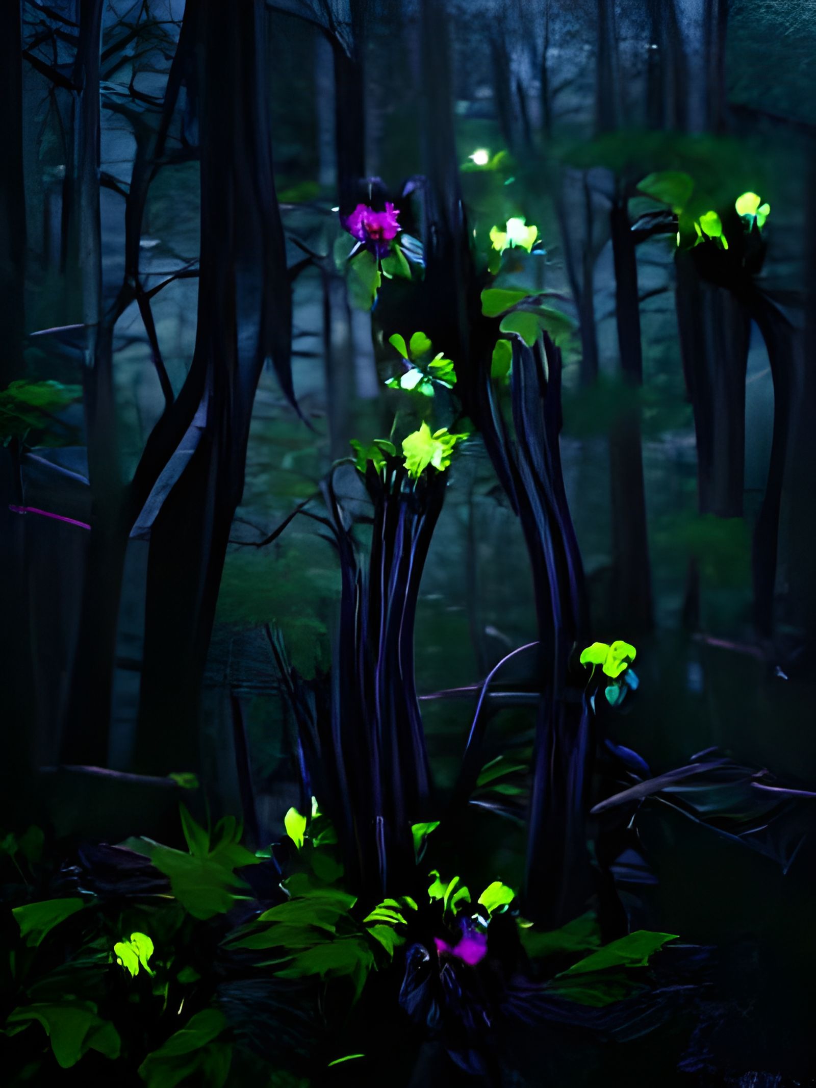 Neon Flowers Glow in Dark Forest