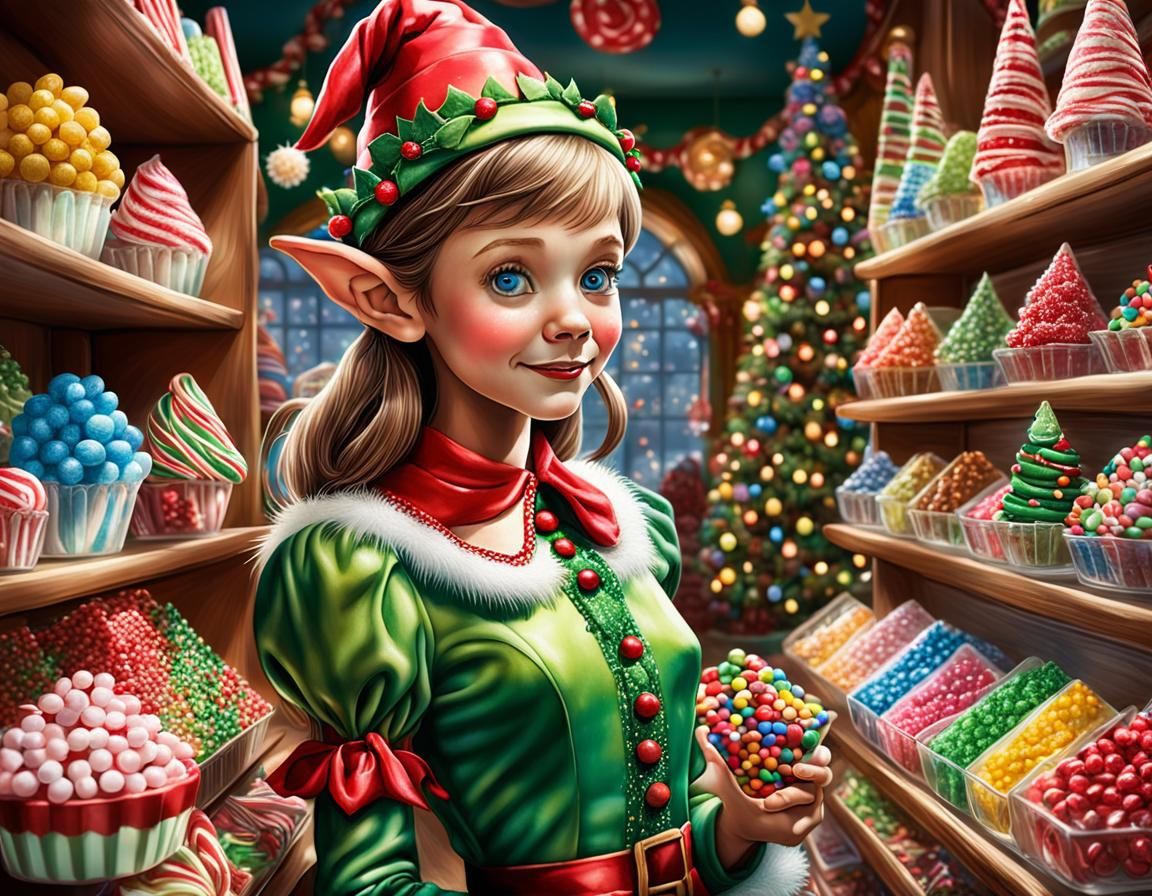 Candy Elf in Whimsical Christmas Candy Shop