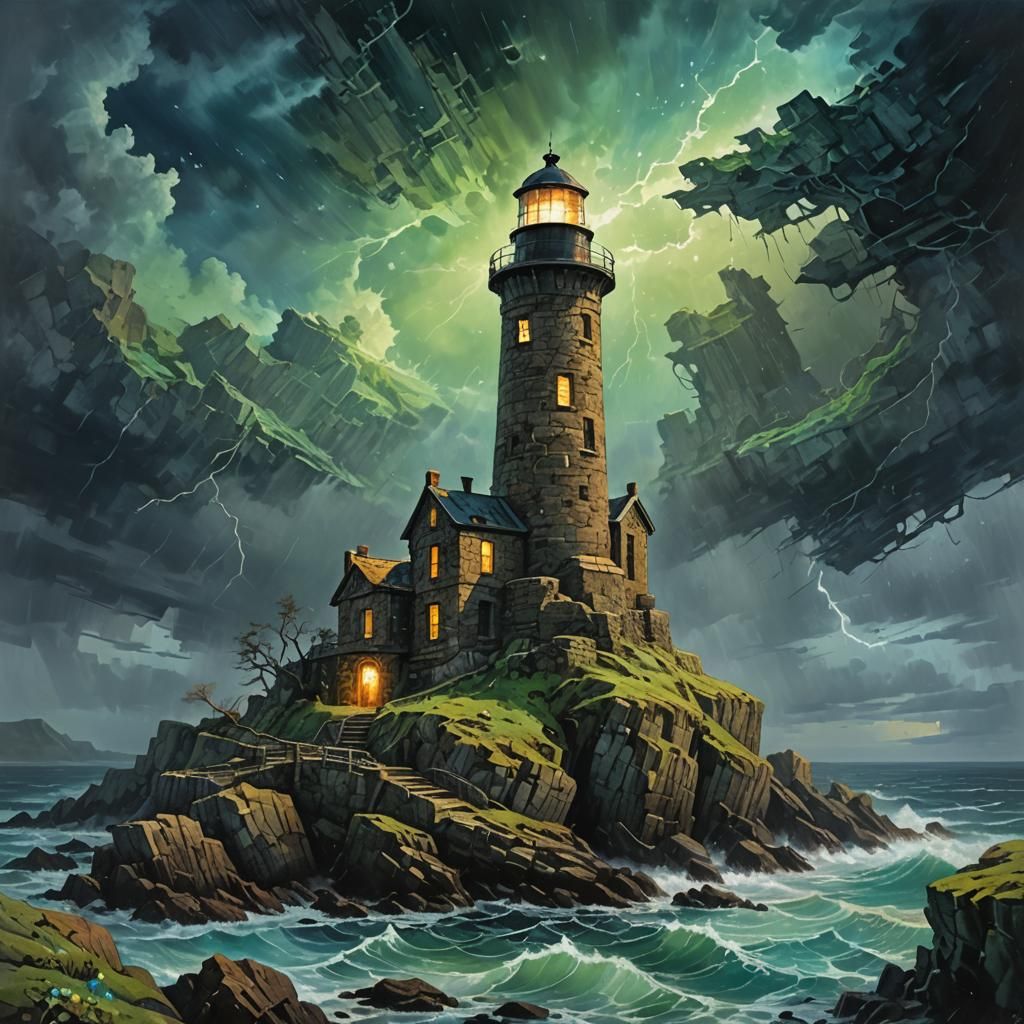 Sentient Lighthouse Overlooking Stormy Seas as Impasto Paint...