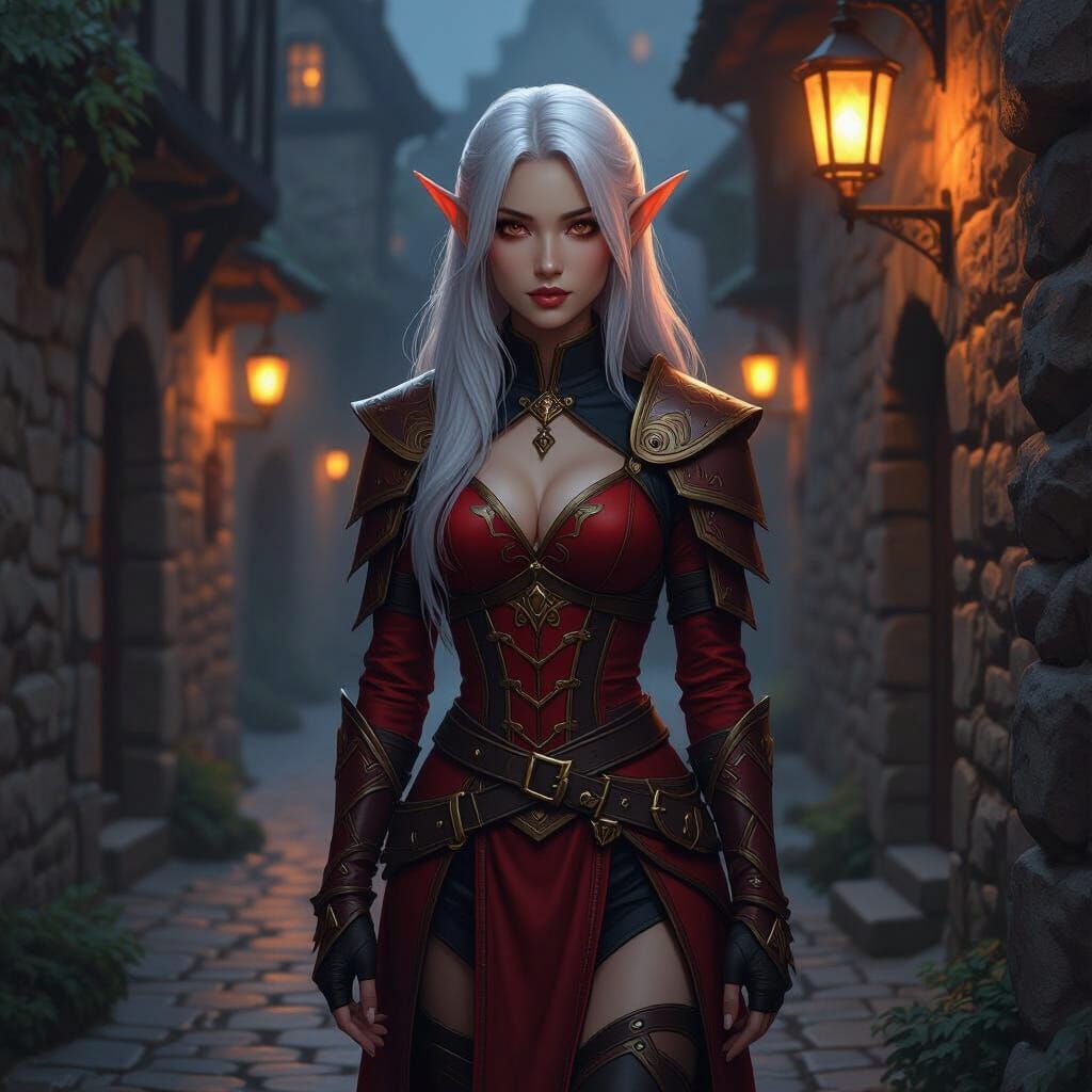 Elf Rogue in Medieval Alley, Atmospheric Concept Art