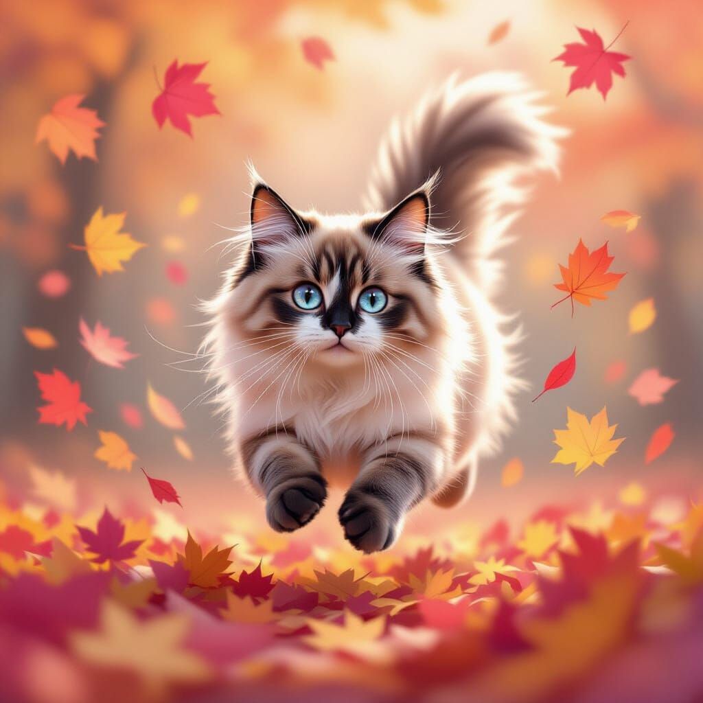 Ragdoll Cat Leaping Through Swirling Pastel Autumn Leaves