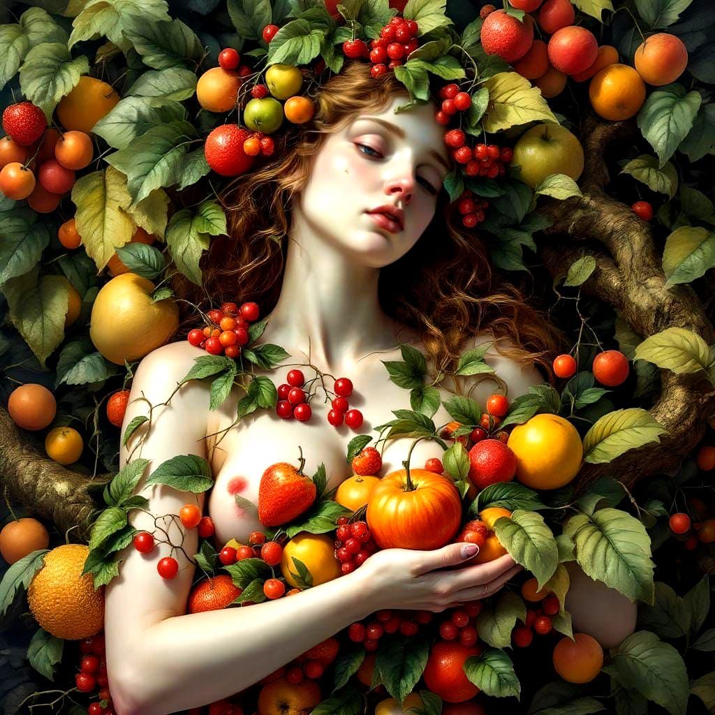 Eve in Fruit Garden: Realistic Gouache Masterpiece