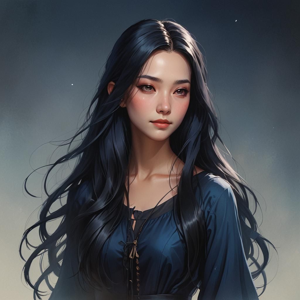 Young Witch Portrait with Black Hair and Gentle Smile