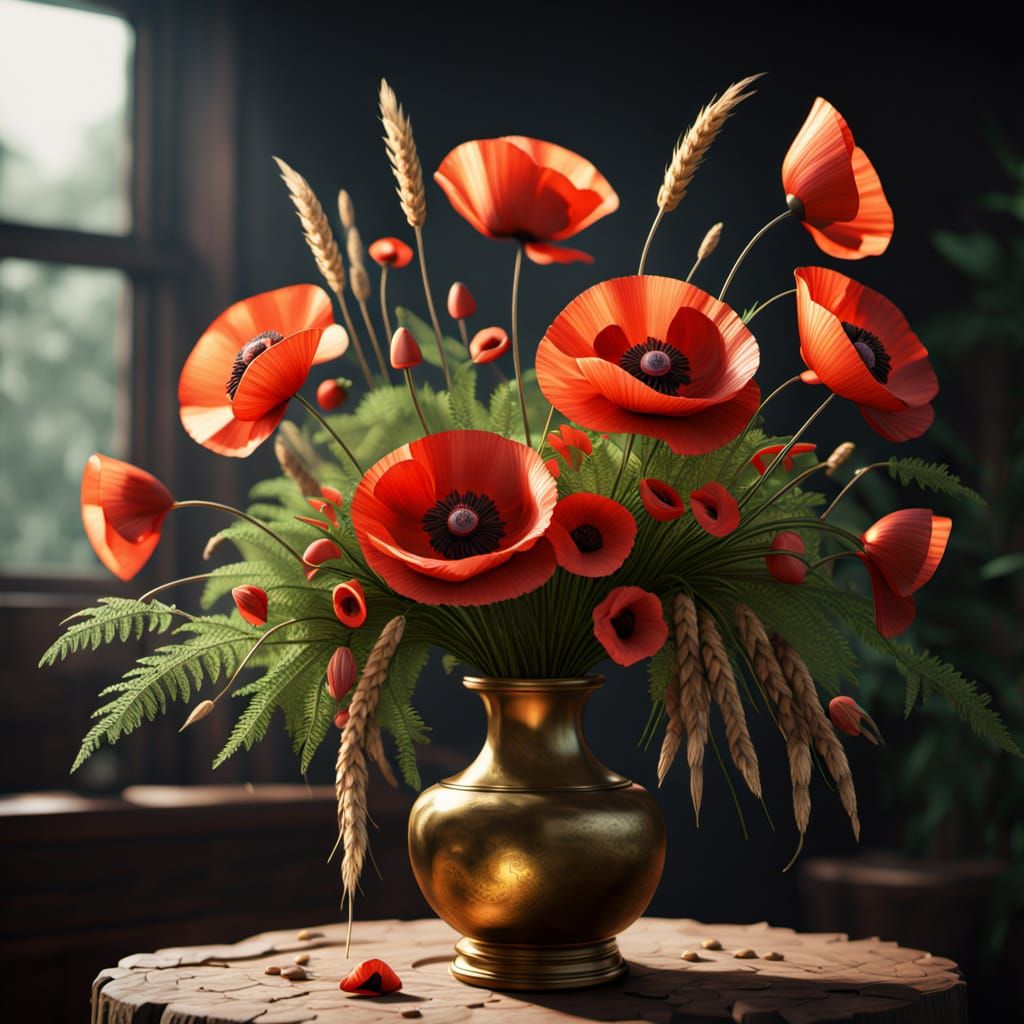 Brass Vase with Poppies and Ferns in Fine Art Photo