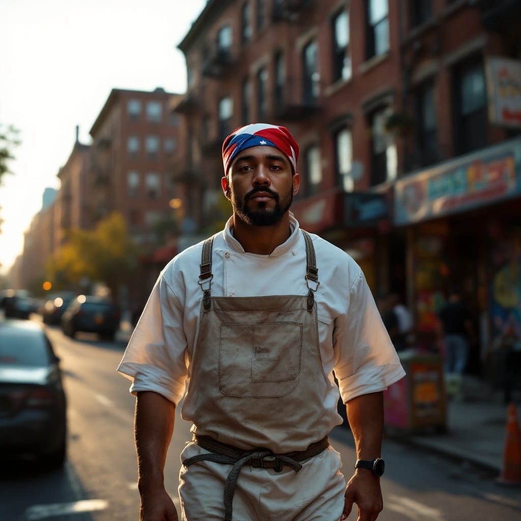 Cinematic Portrait of a Puerto Rican Chef on 125th Street in...