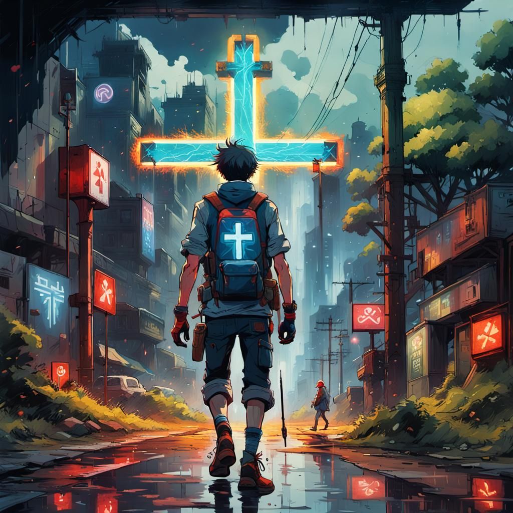 Anime Adventurer Steps Out of Neon Cross Street Art