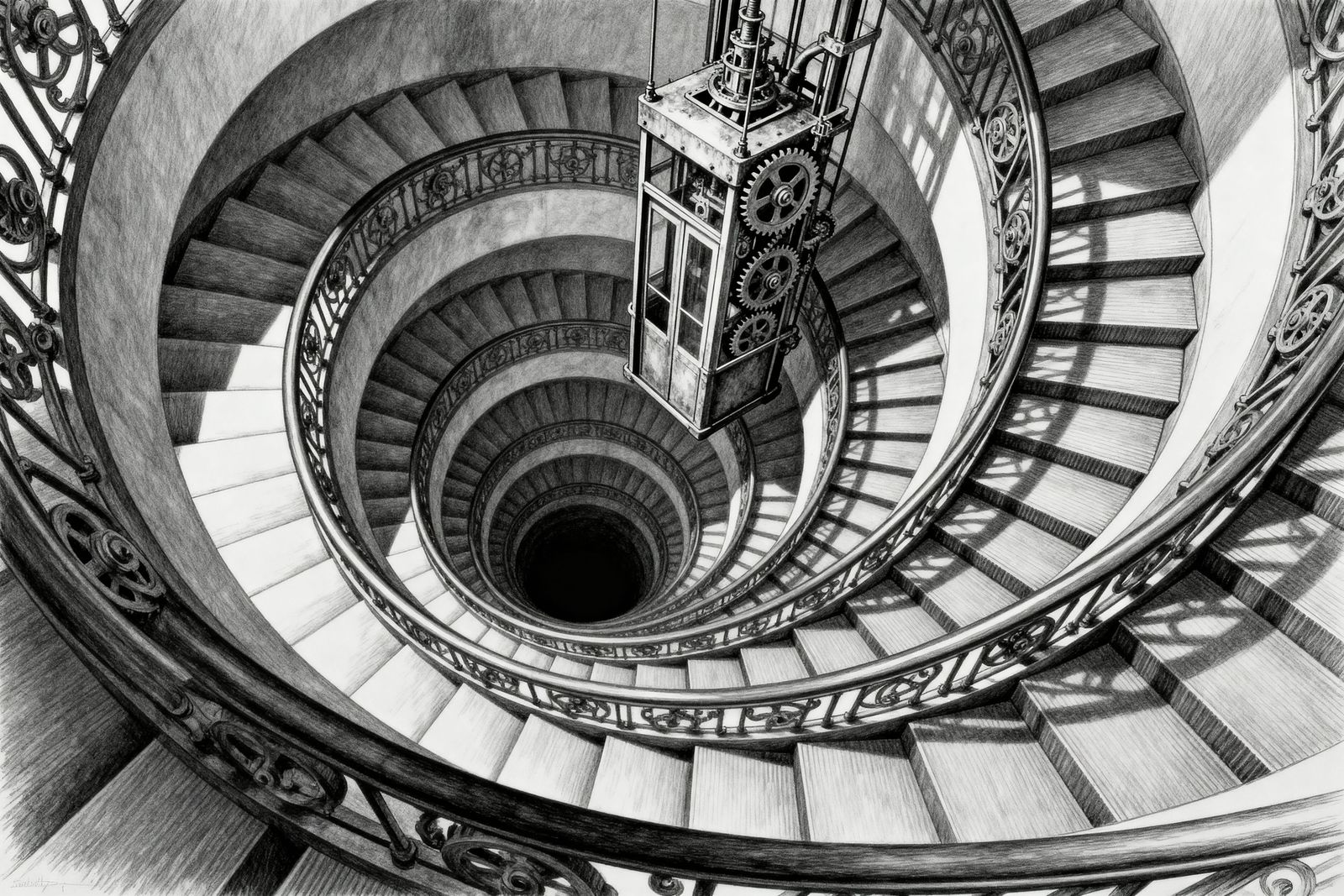 Escher-Style Surreal Escalator System in Black and White