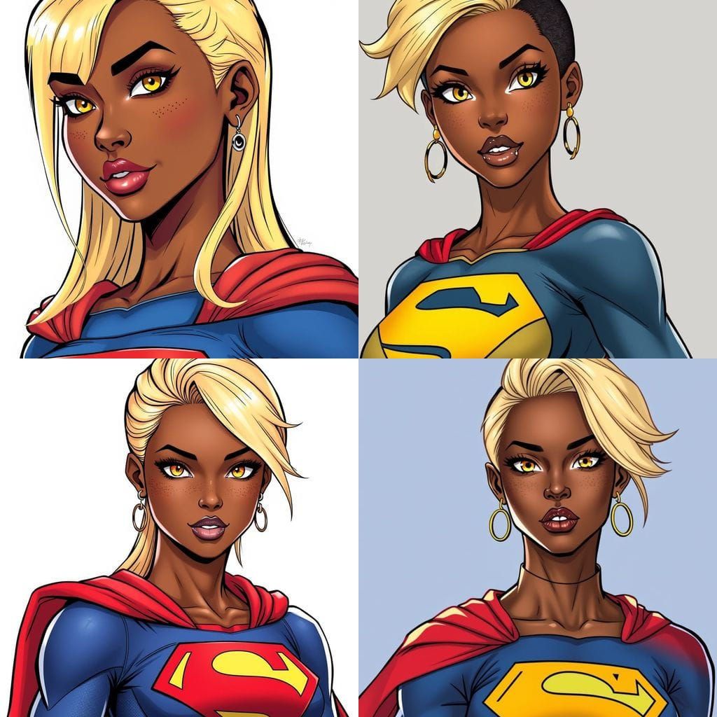 Tall, Slim Black Woman in Supergirl Outfit with Fangs and Pi...