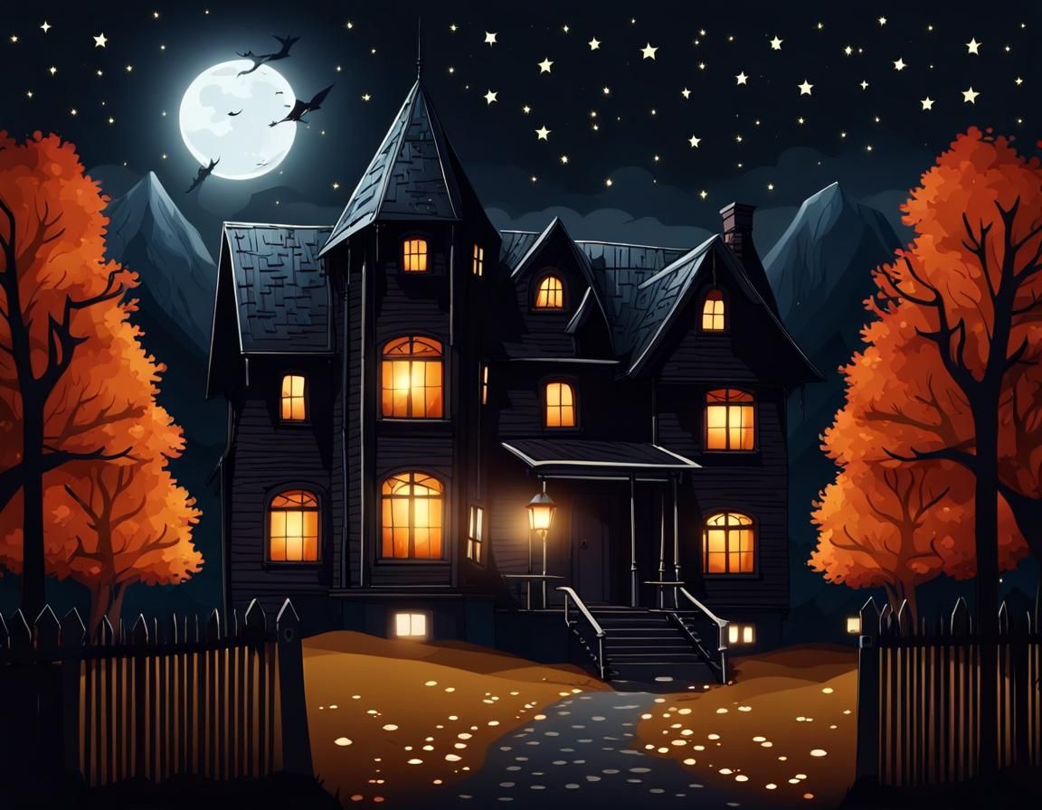Gothic House in Dark Forest Under Starry Sky