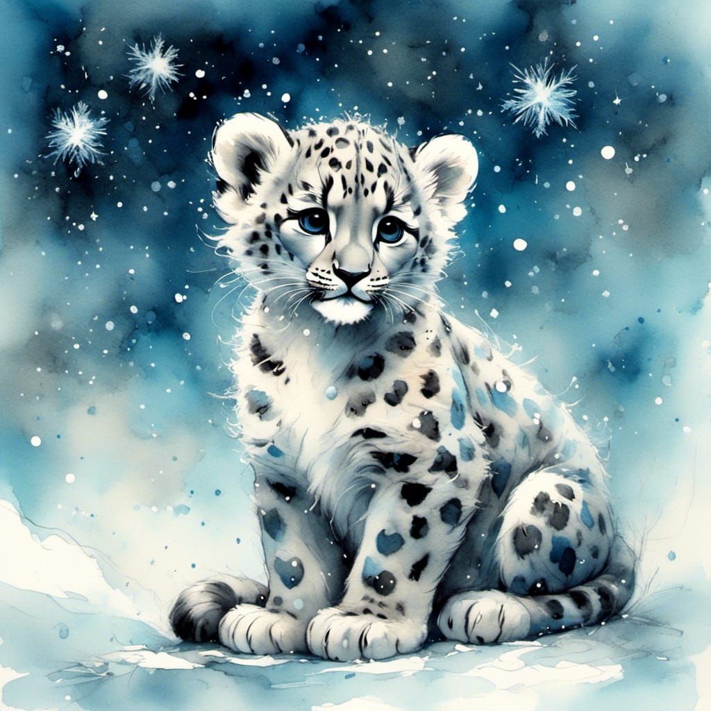 Snow Leopard Cub in Winter Wonderland Watercolor