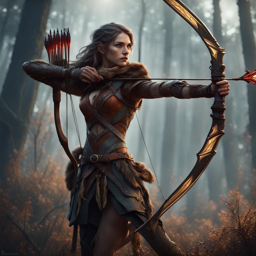 Fantasy Huntress with Bow and Arrow