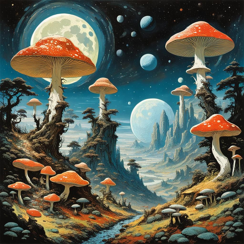 Mushroom Planets in Retro Sci-Fi Style