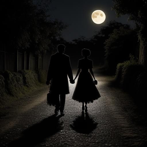 Couple Walking on Village Road Under Full Moon