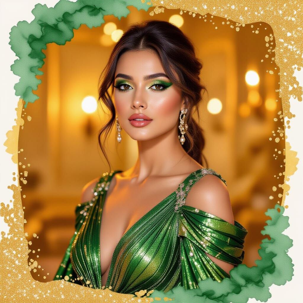 Woman in Gold and Green Gown, Alcohol Ink Style