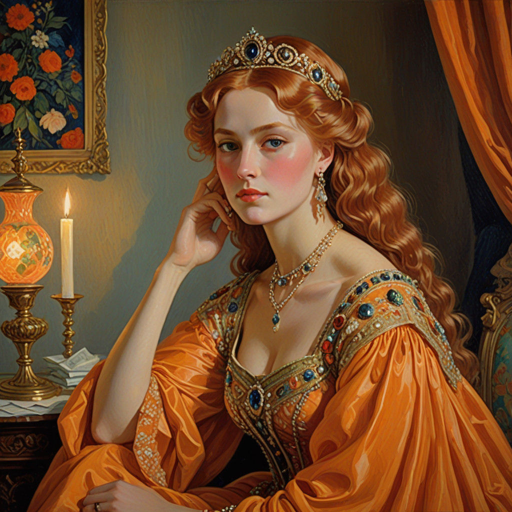 Elegant Russian Noblewoman in Opulent Orange Gown