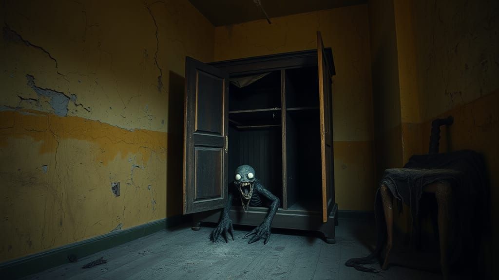 Eerie Abandoned Bedroom in Dark, Muted Palette