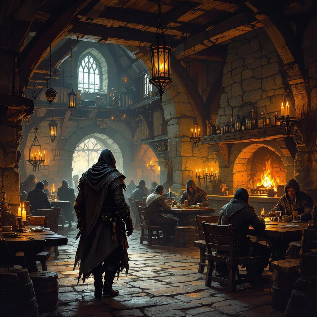 Weary Traveler Enters Lively Medieval Tavern