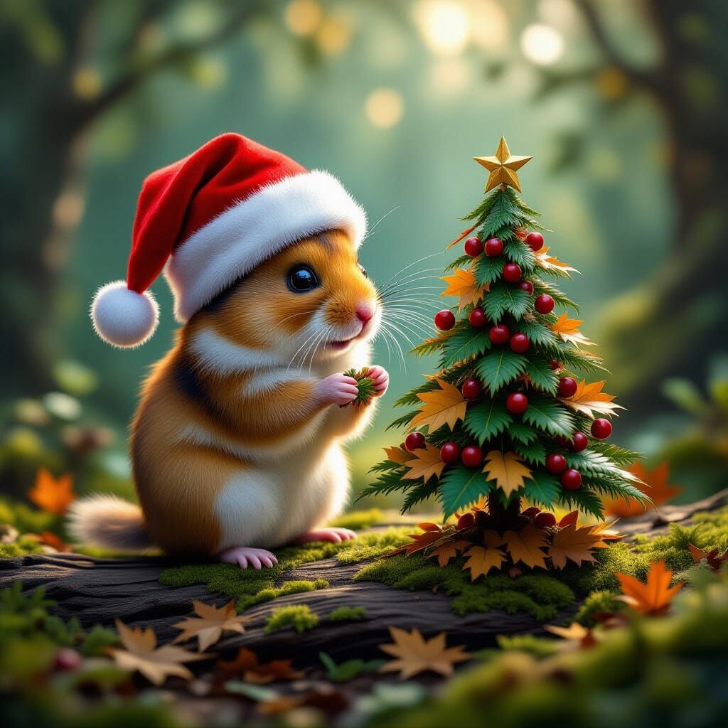 A fluffy hamster wearing a tiny Santa hat, meticulously arra...