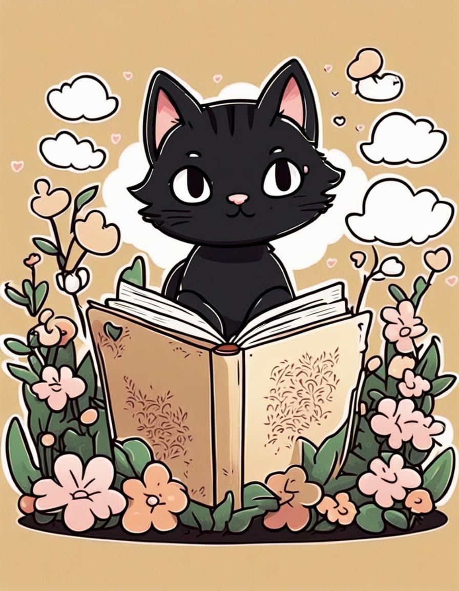 Cute Kawaii Black Cat Reading in Garden