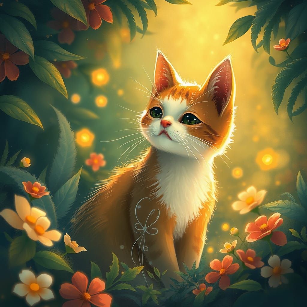 Dreamlike Cat in Mystical Forest: Anime Key Visual