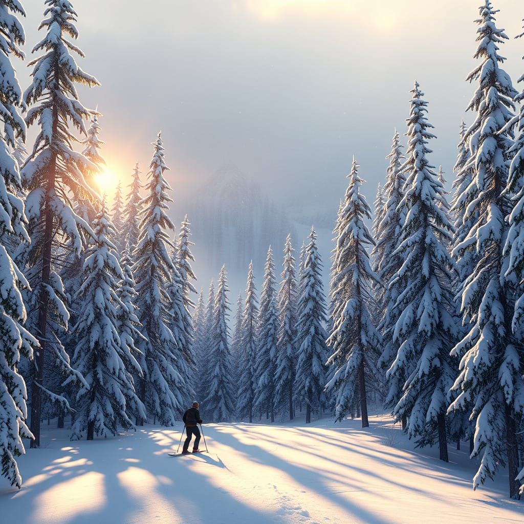 Lone Skier Ascends Snow-Capped Mountain Slope Amidst Golden...