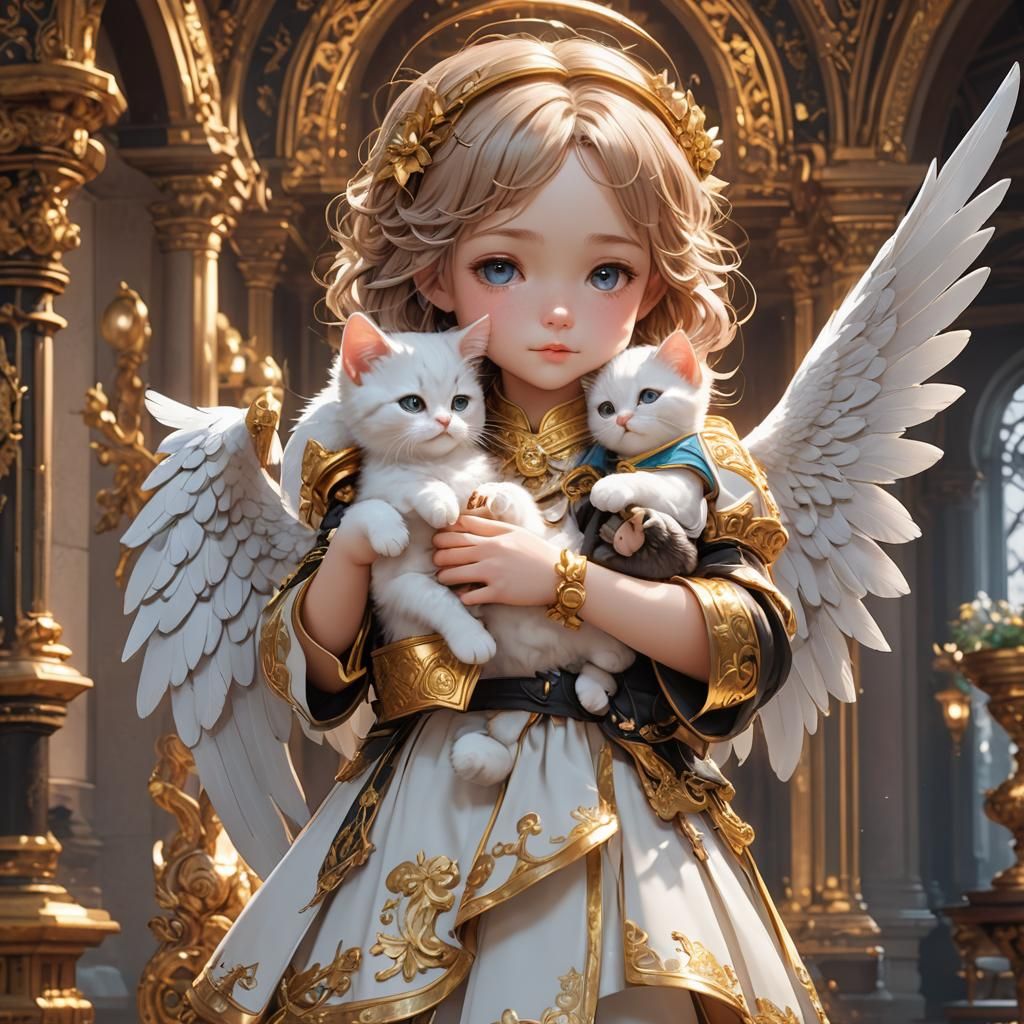 Ornate Toddler Angel with Kitten in 3D Anime Style