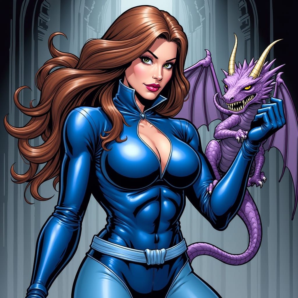Marvel Superheroine in Royal Blue Leather Outfit with Fantas...