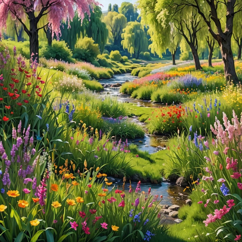 Colorful Meadow with Flowers, Brook, and Weeping Willow