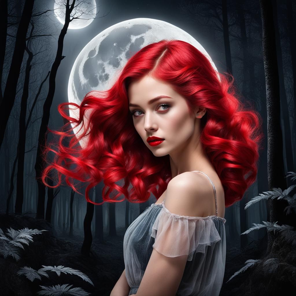 Woman Holding Broken Heart in Moonlit Forest