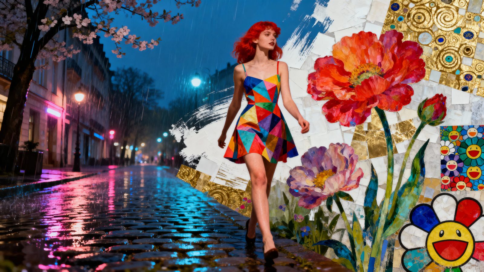 Red Haired Woman on Neon Streets with Geometric Dress