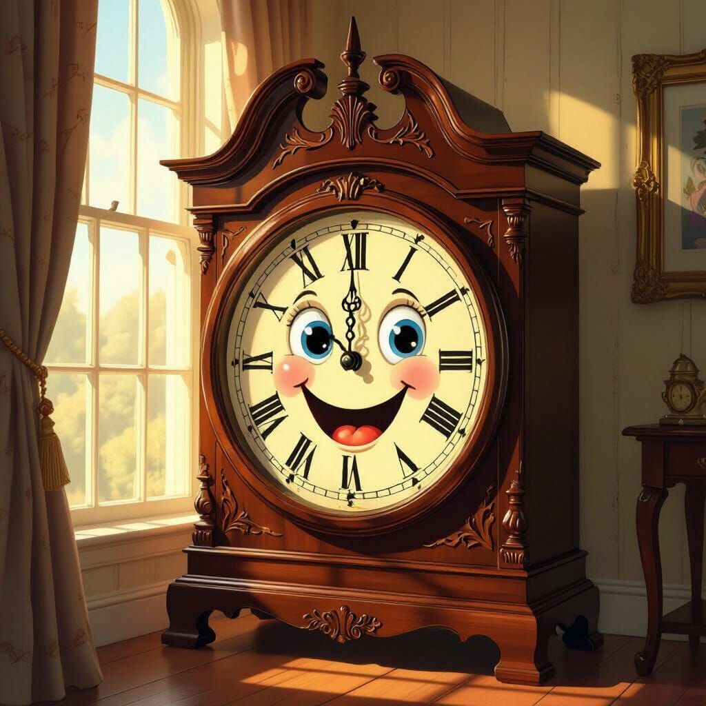 Whimsical Grandfather Clock Smiles Warmly in Golden Light