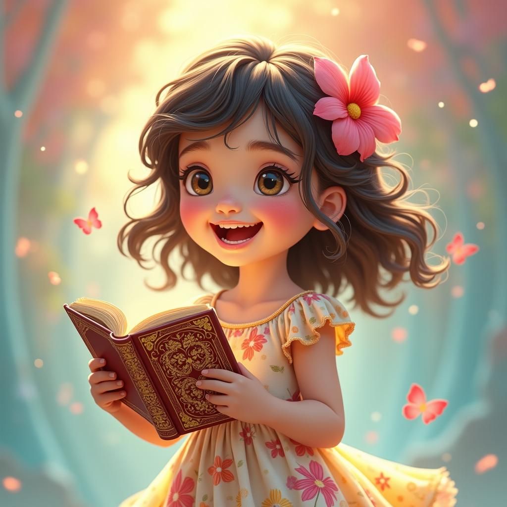 Cheerful Girl with Storybook in Dreamlike Setting