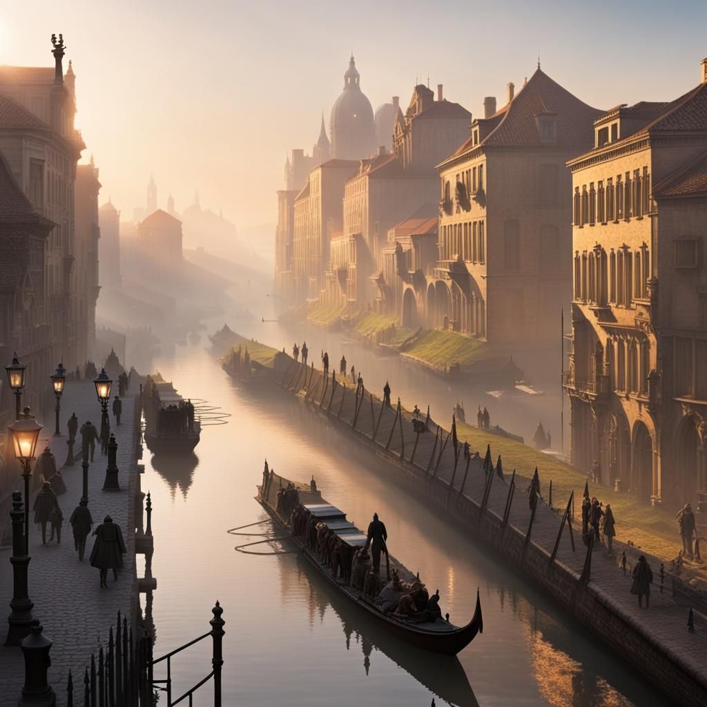 Fantasy City Canals at Sunrise Through Mist
