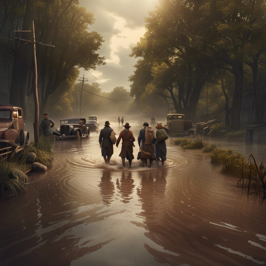Resilience: People Crossing Flood in 1930s Style