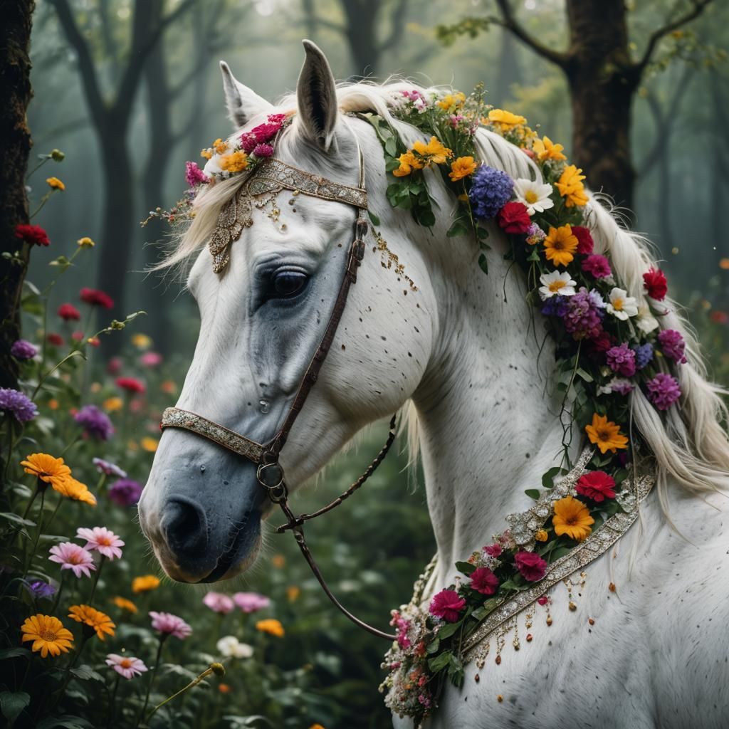 Majestic White Horse with Diamonds in Floral Forest