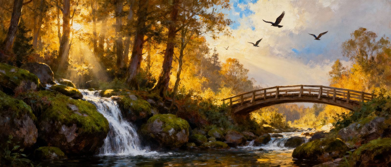 Epic Oil Painting Of Waterfall, Bridge, And Sunshine