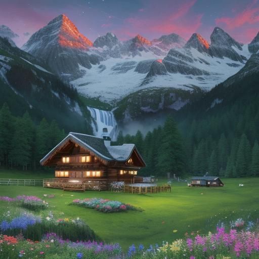 Alpine Landscape with Waterfall in Cosmic Style