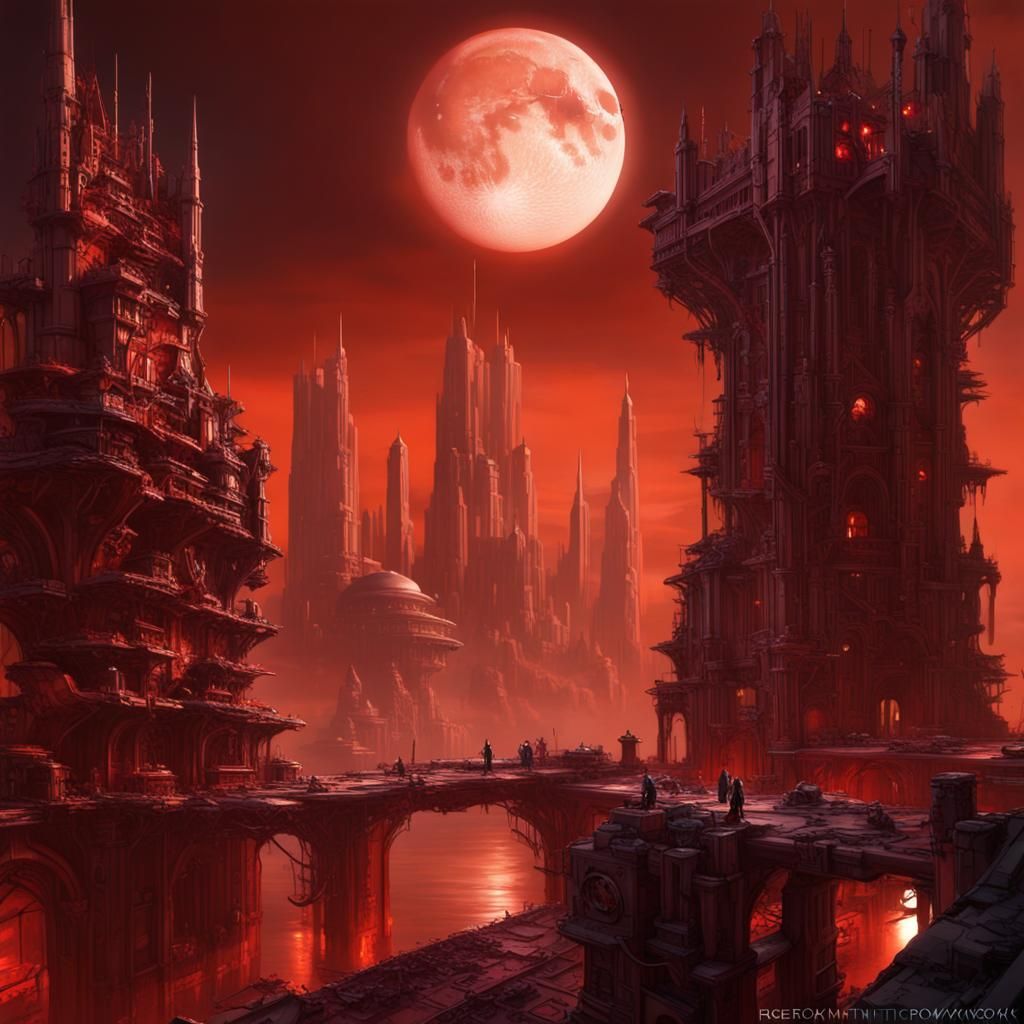 Biopunk Crimson Fortress in Detailed Matte Painting