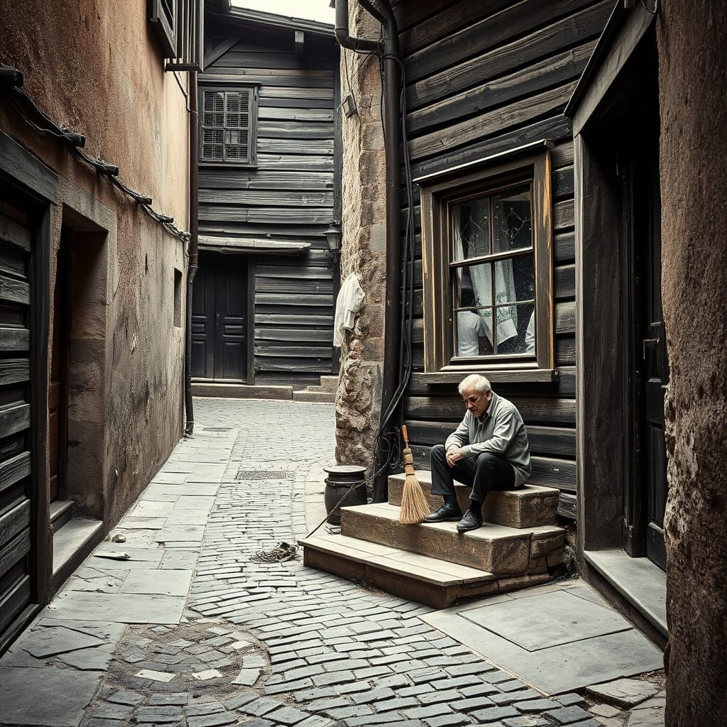Quaint Old Town Street in Black and White