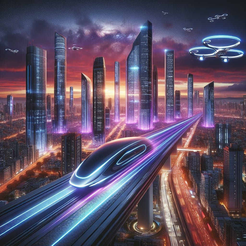 Futuristic Cityscape at Twilight with High-Speed Vehicle