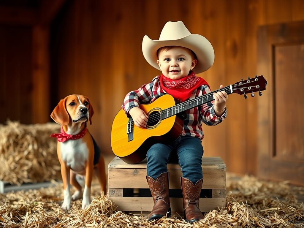 Cowboy Toddler Plays Guitar in Rustic Barn