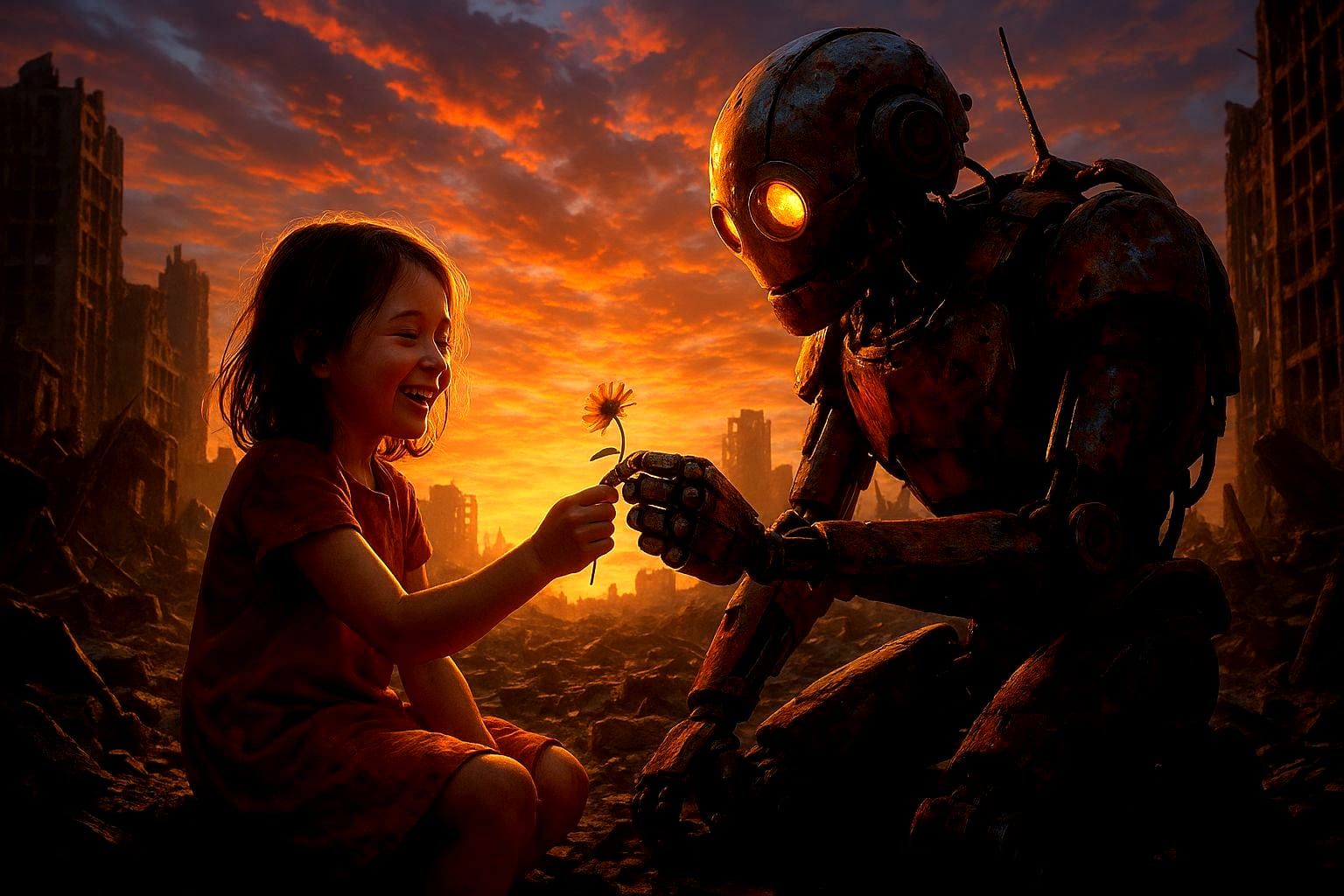 Robot and Girl in Destroyed City at Sunset