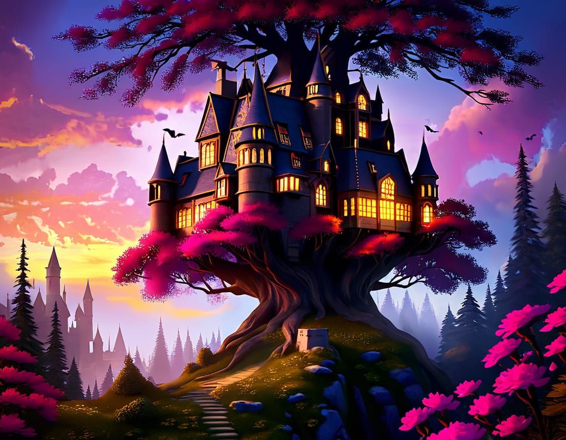 Ethereal Treehouse Hogwarts in Vibrant Fantasy Style