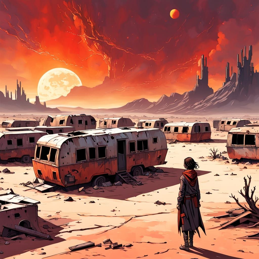Dystopian Desert: Ruined Trailer Park Under Red Sun